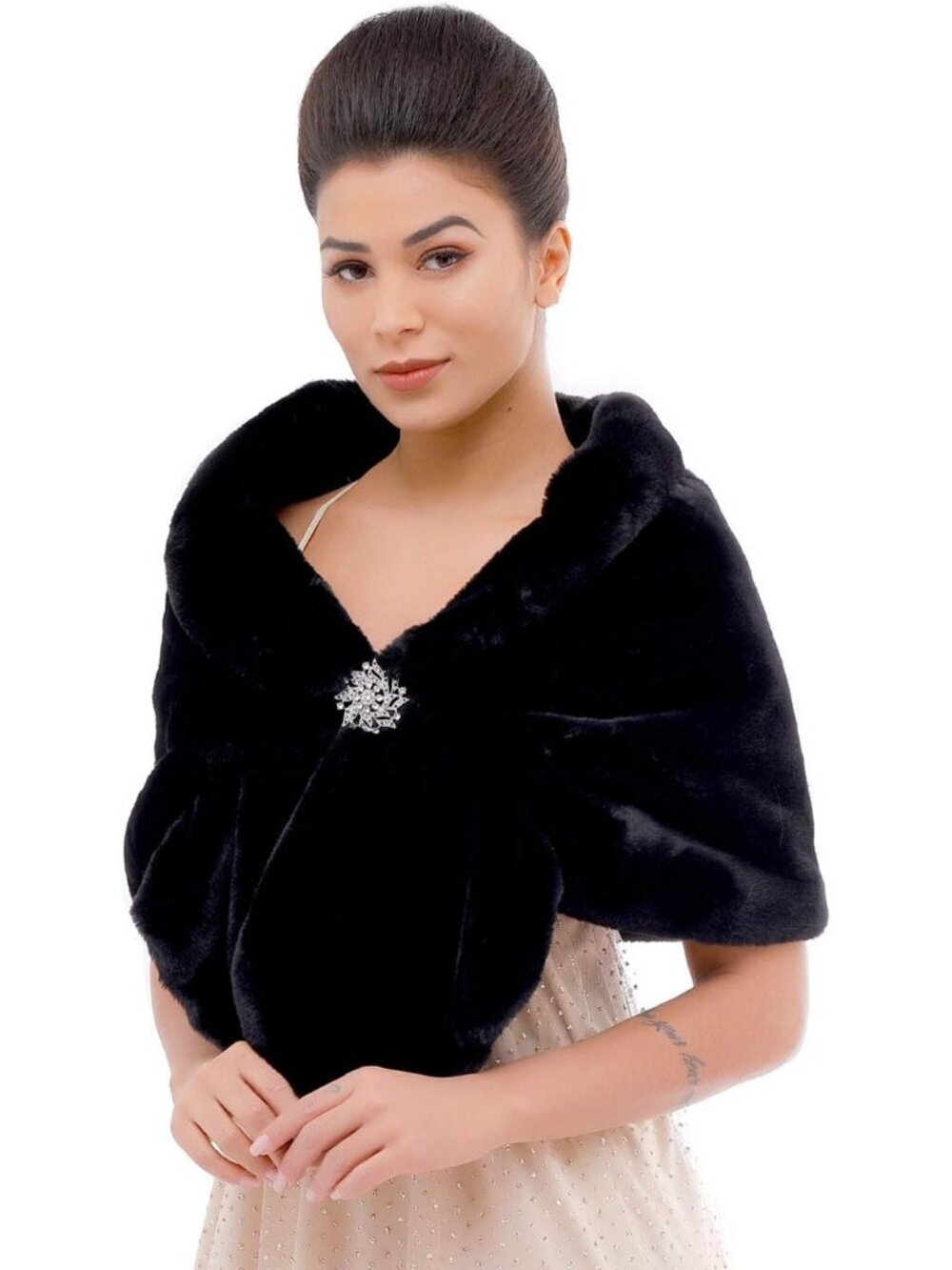 Women's Black Faux Fur Shawl Rhinestones Brooch Stylish Wraps and Shawls